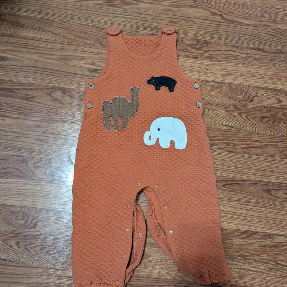 Orange Quilted Baby Overalls with Animal Appliques